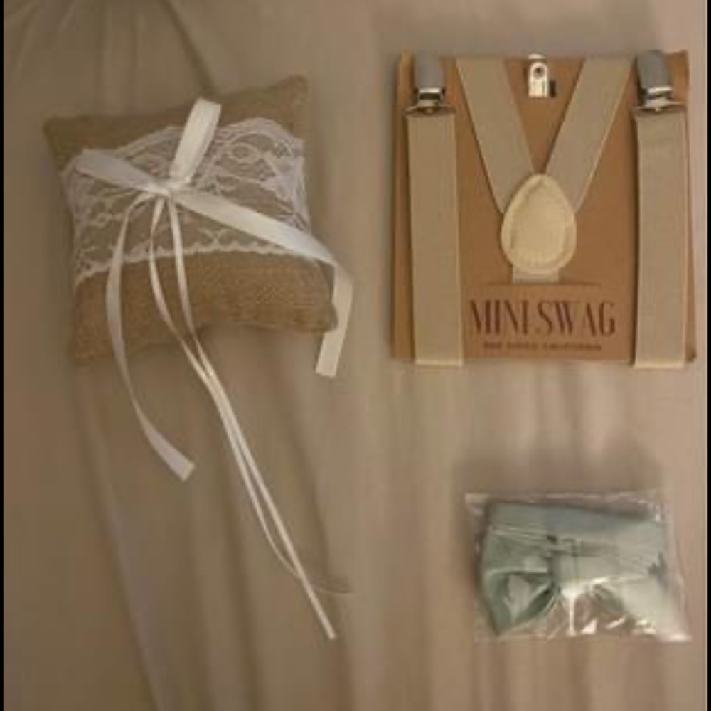 Wedding ring bearer set bowtie, suspenders &pillow